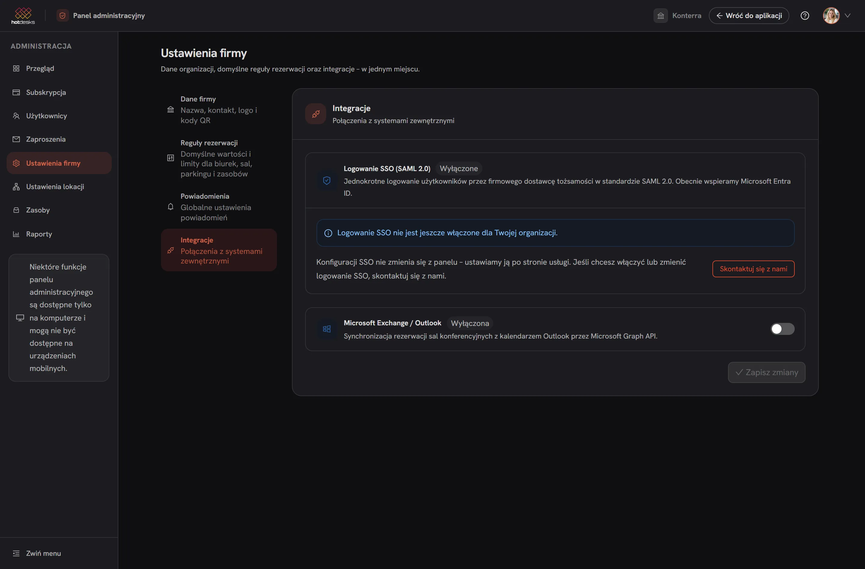 Ustawienia firmy w HotDesks, zakładka Integracje: karta logowania SSO w standardzie SAML 2.0 ze statusem włączenia i karta Microsoft Exchange z polami Tenant ID oraz Client ID