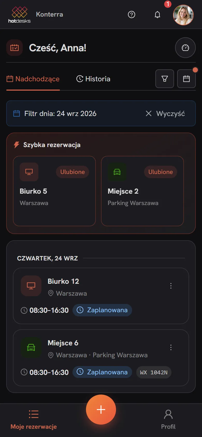HotDesks na telefonie: lista rezerwacji z filtrem rodzaju obiektu, w tym rezerwacja miejsca parkingowego