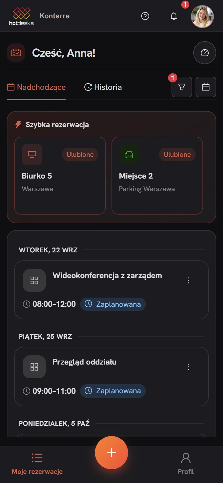 HotDesks na telefonie: lista rezerwacji z filtrem rodzaju obiektu, w tym zasobów