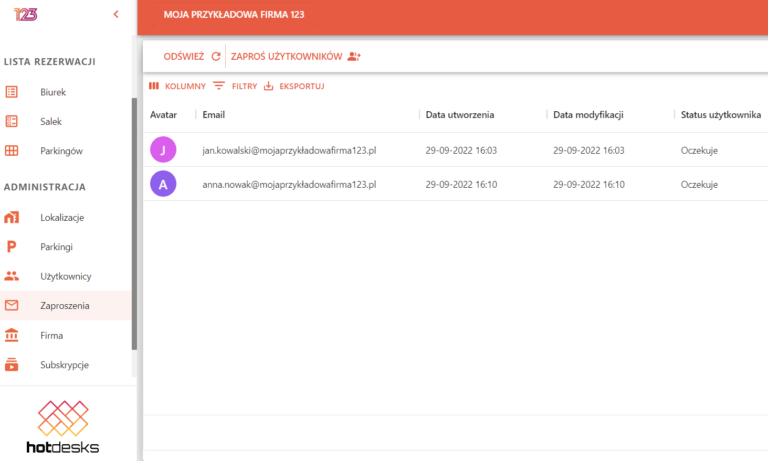 Lista użytkowników zaproszonych do systemu do rezerwacji biurek